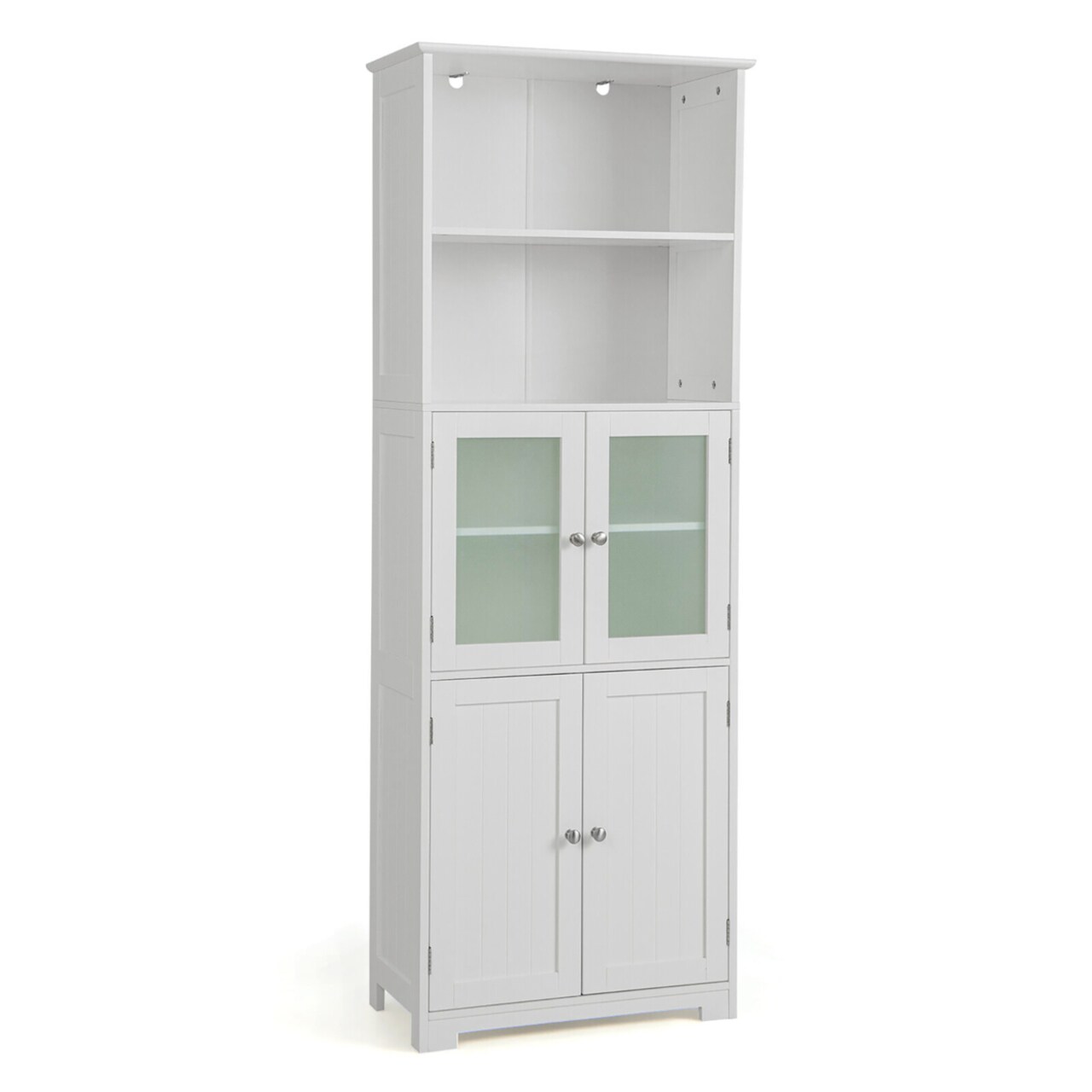 Bathroom Tall Storage Cabinet Linen Tower W/ Glass Door And Adjustable Shelf